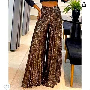 Womens High-Waisted Sequined Wide-Leg Pants